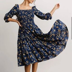 Marta Smocked Midi Dress | Navy Floral